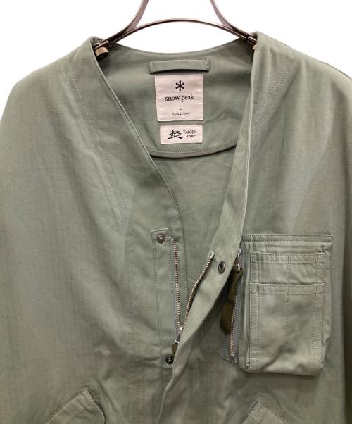 Snow peak（スノーピーク）snow peak (スノーピーク) TAKIBI Herringbone Collarless Jacket/タキビ　ヘリンボーン　カラーレス　ジャケット グリーン サイズ:Lの古着・服飾アイテム