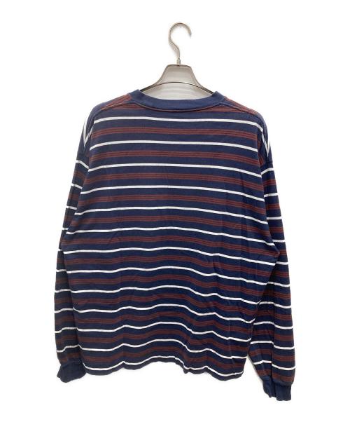 plllllleeeasse（プリーズ）plllllleeeasse (プリーズ) multi stripe long sleeve pocket tee ネイビー×ブラウン サイズ:XLの古着・服飾アイテム