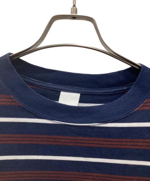 plllllleeeasse（プリーズ）plllllleeeasse (プリーズ) multi stripe long sleeve pocket tee ネイビー×ブラウン サイズ:XLの古着・服飾アイテム