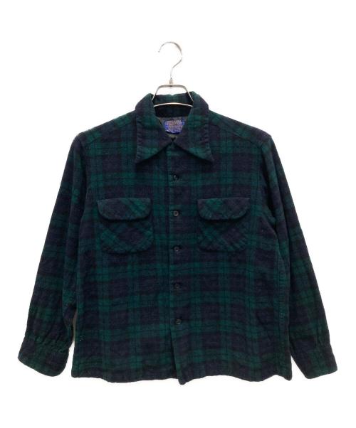 PENDLETON（ペンドルトン）PENDLETON (ペンドルトン) 70'sウールオープンカラーシャツ グリーン×ネイビー サイズ:Lの古着・服飾アイテム