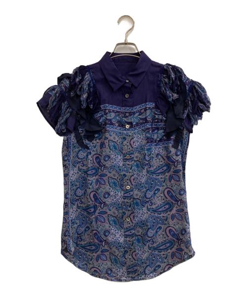 sacai（サカイ）sacai (サカイ) 総柄ノースリーブフリルシルクシャツ パープル サイズ:Mの古着・服飾アイテム
