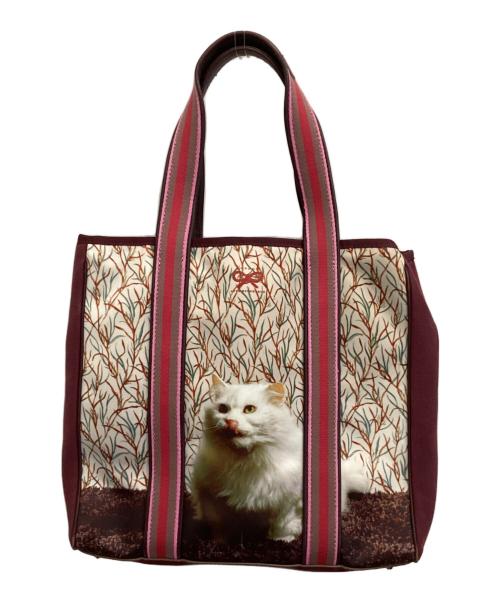 ANYA HINDMARCH（アニヤ・ハインドマーチ）ANYA HINDMARCH (アニヤハインドマーチ) 猫プリントハンドバッグ ボルドーの古着・服飾アイテム