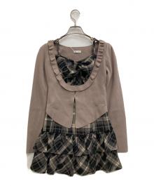 rilly emulie（リリーエミュリ）の古着「Frill Cardigan Check Ribbon Onepiece」｜ブラウン