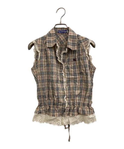 BURBERRY BLUE LABEL（バーバリー ブルー レーベル）BURBERRY BLUE LABEL (バーバリー ブルー レーベル) フリルチェックノースリーブブラウス ブラウン サイズ:36の古着・服飾アイテム