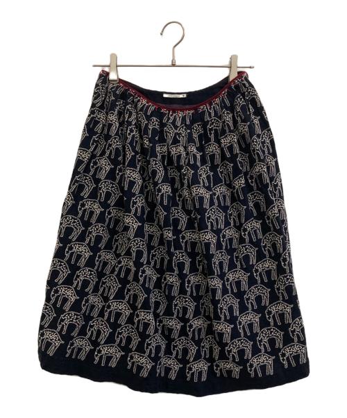 mina perhonen（ミナ ペルホネン）mina perhonen (ミナ ペルホネン) count ウールカシミヤ混刺繍タックスカート ネイビー サイズ:38の古着・服飾アイテム