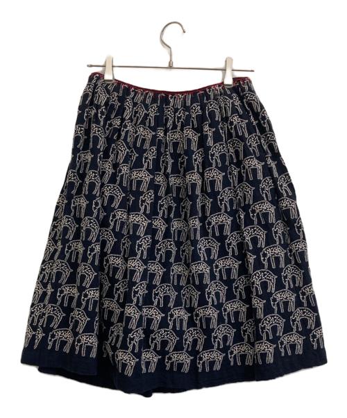 mina perhonen（ミナ ペルホネン）mina perhonen (ミナ ペルホネン) count ウールカシミヤ混刺繍タックスカート ネイビー サイズ:38の古着・服飾アイテム