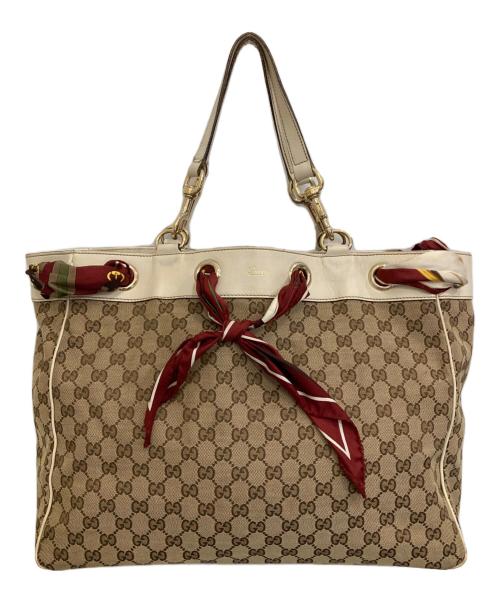 GUCCI（グッチ）GUCCI (グッチ) GGキャンバス スカーフ付きトートバッグ ブラウンの古着・服飾アイテム