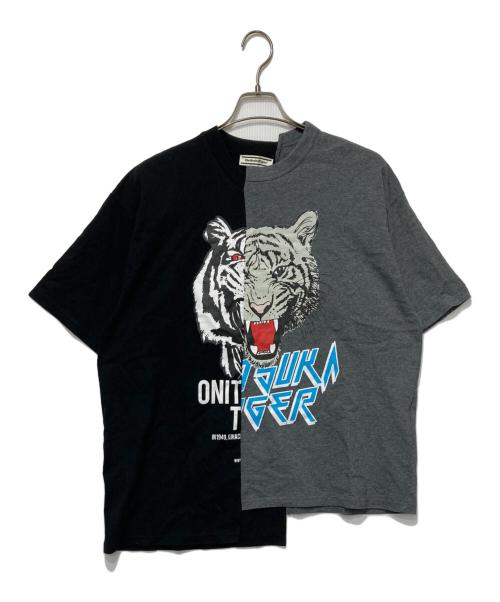 Onitsuka Tiger（オニツカタイガー）Onitsuka Tiger (オニツカタイガー) ドッキングデザインtシャツ ブラック×グレー サイズ:Ｌの古着・服飾アイテム