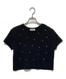 EMMEL REFINES（エメル リファインズ）の古着「ビジュー ショートスリーブ ニットプルオーバー」｜ブラック