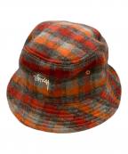 stussyステューシー）の古着「Brushed Plaid Bucket Hat」｜レッド×グレー