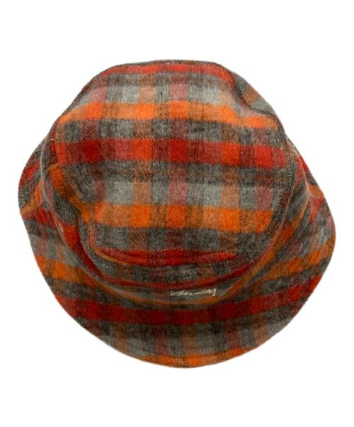 stussy（ステューシー）stussy (ステューシー) Brushed Plaid Bucket Hat レッド×グレーの古着・服飾アイテム