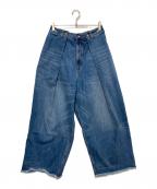MAISON SPECIALメゾンスペシャル）の古着「フォールドタックベルテッドハイパーワイドデニムパンツ」｜インディゴ