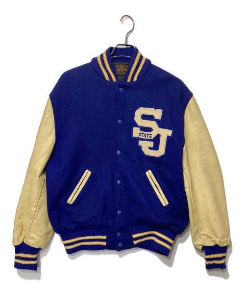 skookum（スクーカム）skookum (スクーカム) 袖レザーワッペンスタジャン ブルー×ベージュ サイズ:44の古着・服飾アイテム