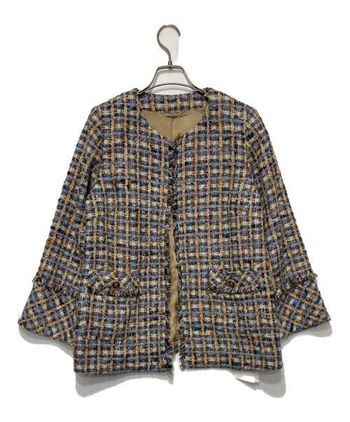 Viaggio Blu（ビアッジョブルー）Viaggio Blu (ビアッジョブルー) TOURNIERミックスツィードフリンジ使いノーカラージャケット ベージュ×ブルー サイズ:2の古着・服飾アイテム