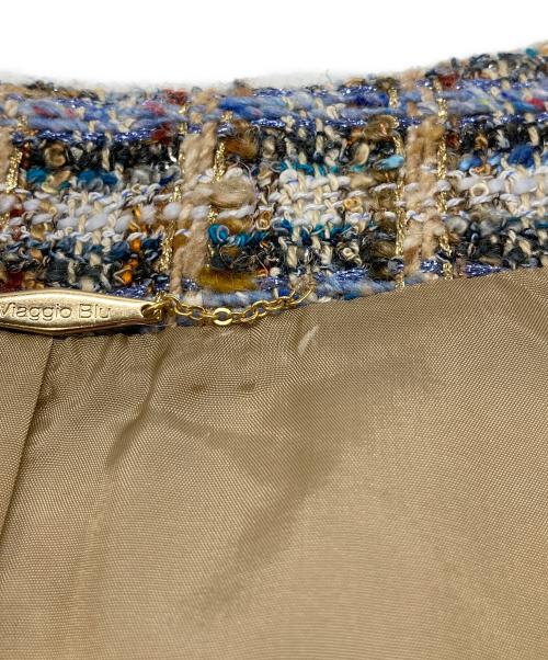 Viaggio Blu（ビアッジョブルー）Viaggio Blu (ビアッジョブルー) TOURNIERミックスツィードフリンジ使いノーカラージャケット ベージュ×ブルー サイズ:2の古着・服飾アイテム