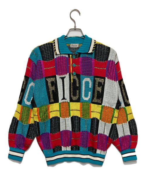 ficce YOSHIYUKI KONISHI（フィッチェ ヨシユキ コニシ）ficce YOSHIYUKI KONISHI (フィッチェ ヨシユキ コニシ) 襟付き総柄ニット ブルー サイズ:Ｍの古着・服飾アイテム