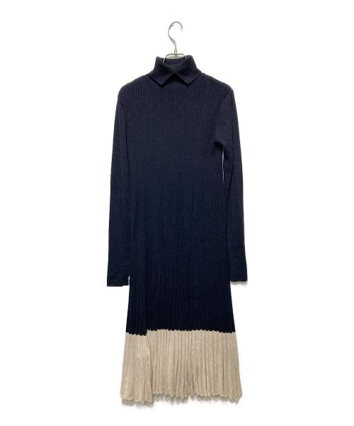 Mila Owen（ミラオーウェン）Mila Owen (ミラオーウェン) タートルネックロングリブニットワンピース ネイビー×ベージュ サイズ:1の古着・服飾アイテム