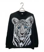 FRUIT OF THE LOOMフルーツオブザルーム）の古着「80s ホワイトタイガープリントロングスリーブカットソー」｜ブラック