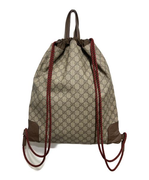 GUCCI（グッチ）GUCCI (グッチ) GGスプリーム ドローストリング タイガーヘッド ナップサック ブラウンの古着・服飾アイテム