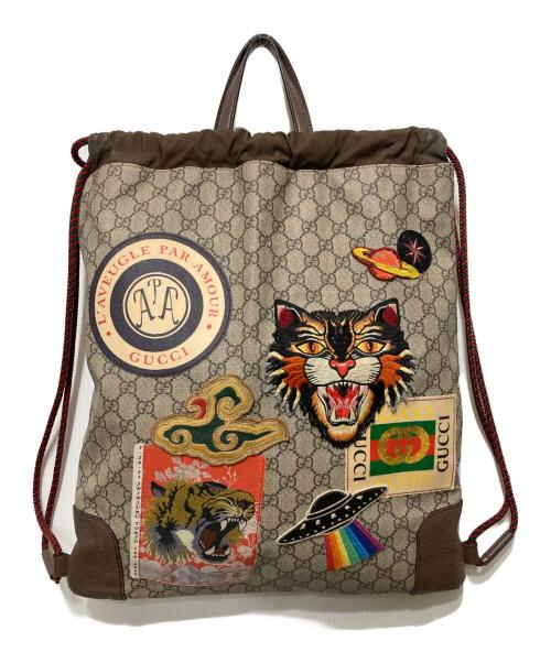 GUCCI（グッチ）GUCCI (グッチ) GGスプリーム ドローストリング タイガーヘッド ナップサック ブラウンの古着・服飾アイテム