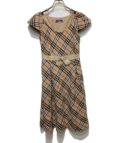 BURBERRY BLUE LABEL（バーバリー ブルー レーベル）BURBERRY BLUE LABEL (バーバリー ブルー レーベル) ノバチェック リボン フレア ワンピース ベージュ サイズ:38の古着・服飾アイテム