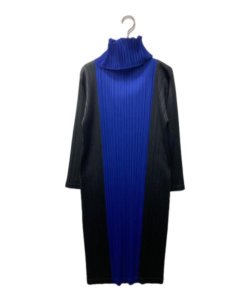 PLEATS PLEASE（プリーツプリーズ）PLEATS PLEASE (プリーツプリーズ) プリーツワンピース/バイカラー/タートルネック ブラック×ブルー サイズ:2の古着・服飾アイテム