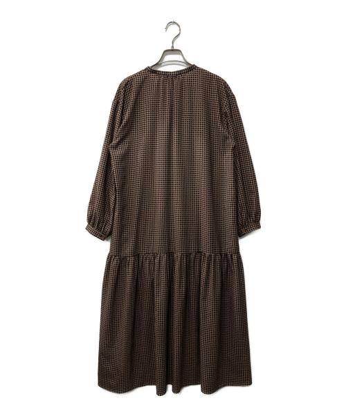 BALLSEY（ボールジィ）BALLSEY (ボールジィ) アイビープリント ギャザーネックワンピース ブラック×ブラウン サイズ:36の古着・服飾アイテム