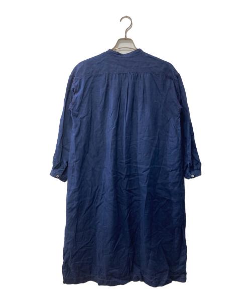nest Robe（ネストローブ）nest Robe (ネストローブ) ステッチ刺繍ピンタックギャザー スタンドカラーリネンロングシャツワンピース ネイビー サイズ:表記なしの古着・服飾アイテム