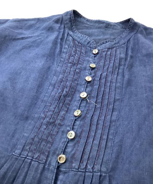 nest Robe（ネストローブ）nest Robe (ネストローブ) ステッチ刺繍ピンタックギャザー スタンドカラーリネンロングシャツワンピース ネイビー サイズ:表記なしの古着・服飾アイテム