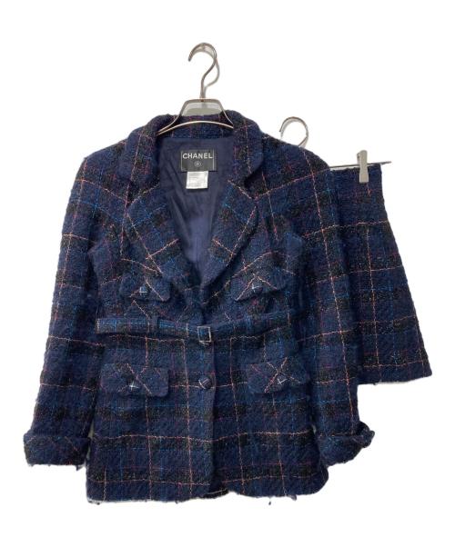 CHANEL（シャネル）CHANEL (シャネル) ツイードベルテッドセットアップ ネイビー サイズ:38の古着・服飾アイテム