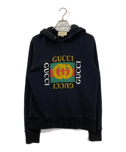 GUCCI（グッチ）GUCCI (グッチ) ヴィンテージ加工オールドロゴプリントスウェットパーカー ブラック サイズ:XSの古着・服飾アイテム