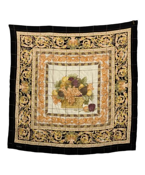 LOEWE（ロエベ）LOEWE (ロエベ) フルーツ柄大判シルクスカーフ ブラック×ベージュの古着・服飾アイテム