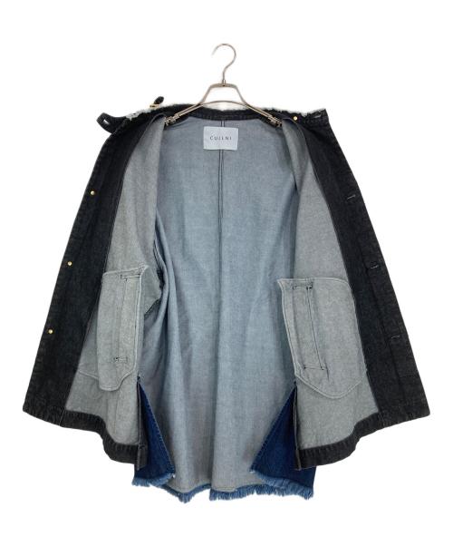 CULLNI（クルニ）CULLNI (クルニ) Cut off Band Collar Denim Coat　カットオフバンドカラーデニムコート ブラック×ネイビーの古着・服飾アイテム