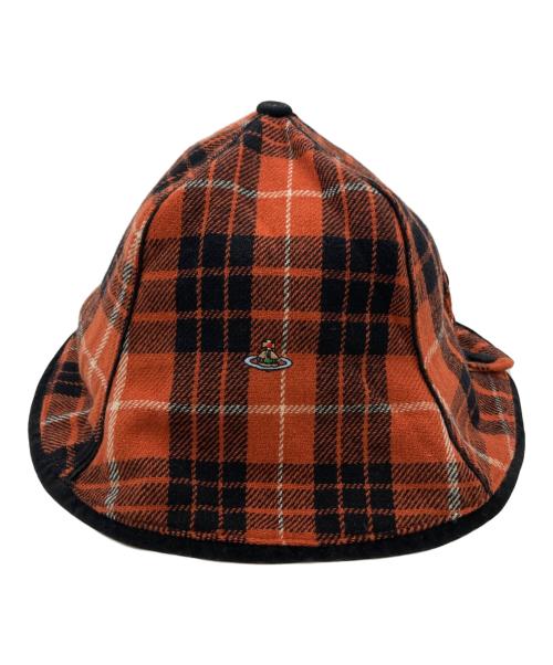 Vivienne Westwood（ヴィヴィアンウエストウッド）Vivienne Westwood (ヴィヴィアンウエストウッド) オーブ刺繍チェックハット オレンジの古着・服飾アイテム