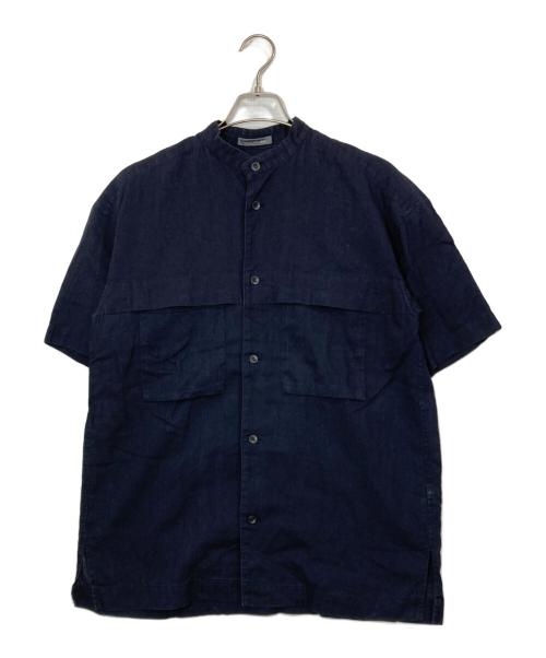 ISSEY MIYAKE MEN（イッセイミヤケメン）ISSEY MIYAKE MEN (イッセイミヤケメン) バンドカラー半袖リネンシャツ ネイビー サイズ:Mの古着・服飾アイテム