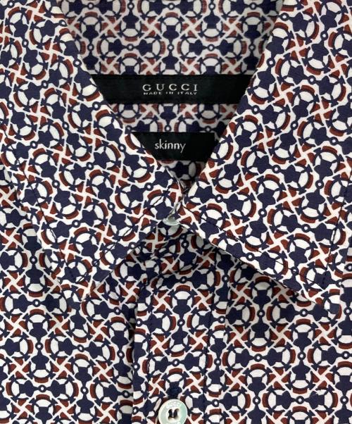 GUCCI（グッチ）GUCCI (グッチ) skinny 総柄半袖シャツ ネイビー×ブラウン サイズ:38/15の古着・服飾アイテム