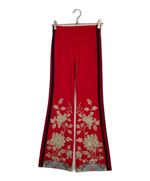 GUCCI（グッチ）GUCCI (グッチ) フラワーエンブロイダリーフレアジャージーパンツ レッド サイズ:XXSの古着・服飾アイテム