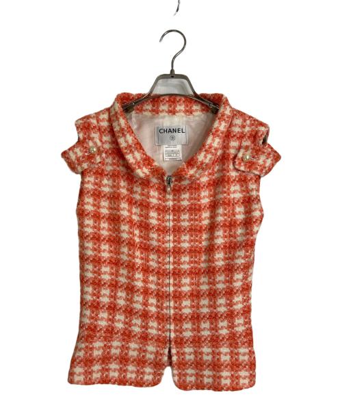 CHANEL（シャネル）CHANEL (シャネル) 01P チェック柄ツイードベスト オレンジ サイズ:40の古着・服飾アイテム