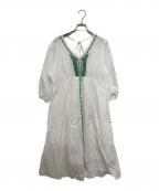 ne quittez pasヌキテパ）の古着「COTTON VOILE EMB V NECK DRESS」｜ホワイト×グリーン