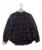 manonマノン）の古着「シュリンクコットンウールチェックアミカルシャツ」｜ブラウン