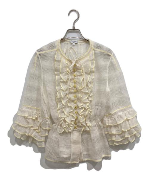 CHANEL（シャネル）CHANEL (シャネル) フロントボタンフリルブラウス ベージュ×イエロー サイズ:SIZE S(36)の古着・服飾アイテム