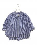 Traditional Weatherwearトラディショナルウェザーウェア）の古着「ハイカウントコットンストライプギャザースタンドカラーシャツ」｜ブルー