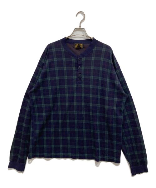 Eddie Bauer（エディーバウアー）Eddie Bauer (エディーバウアー) 長袖チェック柄ヘンリーネックニット ネイビー サイズ:Lの古着・服飾アイテム