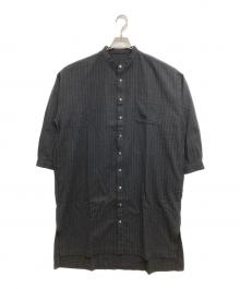 nest Robe（ネストローブ）の古着「ストライプ柄コットンウールバンドカラーワンピース」｜ブラック