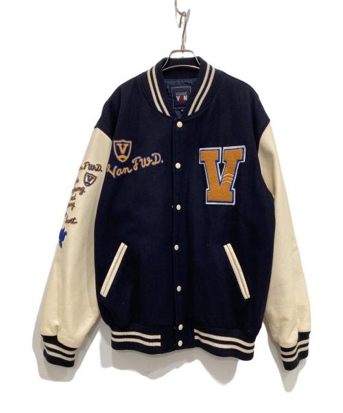 VAN JAC（ヴァン・ヂャケット）VAN JAC (ヴァン・ヂャケット) レザー切替スタジャン ネイビー×アイボリー サイズ:4Lの古着・服飾アイテム