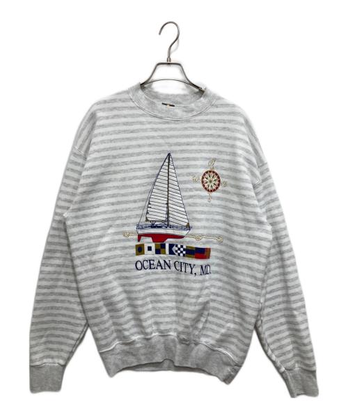 H.L.MILLER（エイチエルミラー）H.L.MILLER (エイチエルミラー) プリントボーダースウェット ホワイト×グレー サイズ:Lの古着・服飾アイテム