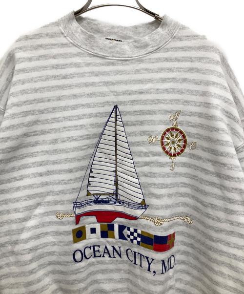 H.L.MILLER（エイチエルミラー）H.L.MILLER (エイチエルミラー) プリントボーダースウェット ホワイト×グレー サイズ:Lの古着・服飾アイテム