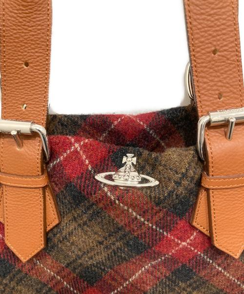 Vivienne Westwood（ヴィヴィアンウエストウッド）Vivienne Westwood (ヴィヴィアンウエストウッド) Check Tweed Boston Bag レッド×ブラウンの古着・服飾アイテム