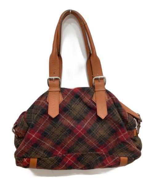 Vivienne Westwood（ヴィヴィアンウエストウッド）Vivienne Westwood (ヴィヴィアンウエストウッド) Check Tweed Boston Bag レッド×ブラウンの古着・服飾アイテム
