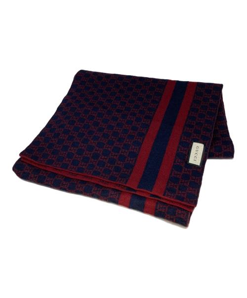 GUCCI（グッチ）GUCCI (グッチ) GG総柄ウールマフラー レッド×ネイビーの古着・服飾アイテム